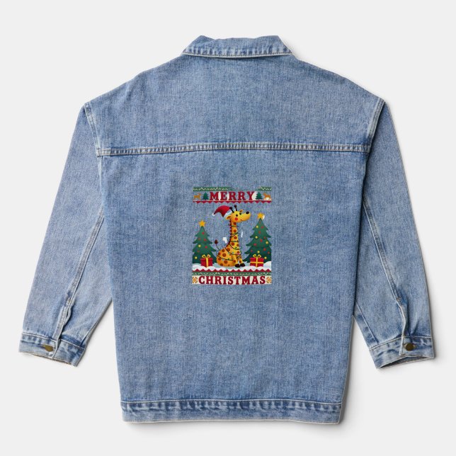 Giraffe Ugly Christmas Sweaters Funny Santa Hat Li Denim Jacket (Back)