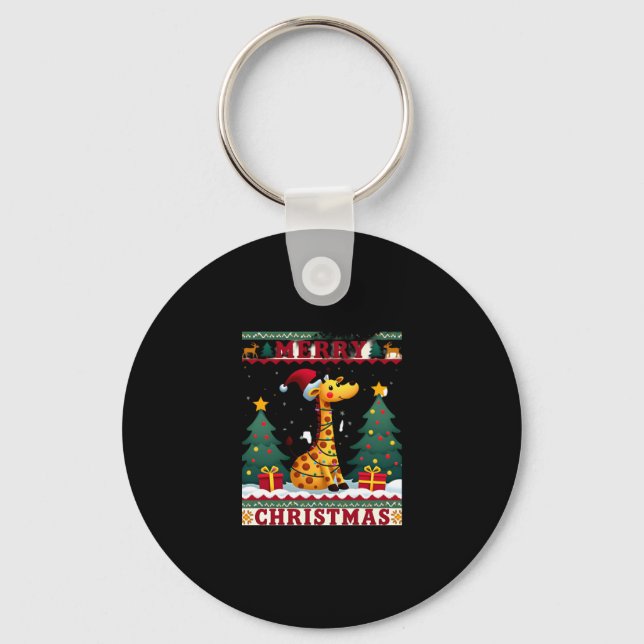 Giraffe Ugly Christmas Sweaters Funny Santa Hat Li Key Ring (Front)