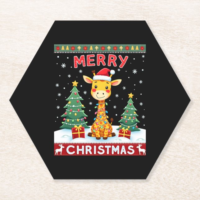 Giraffe Ugly Christmas Sweaters Funny Santa Hat Li Paper Coaster (Front)