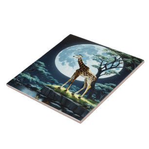 Giraffe Under Full Moon by Tranquil Water Ceramic Tile