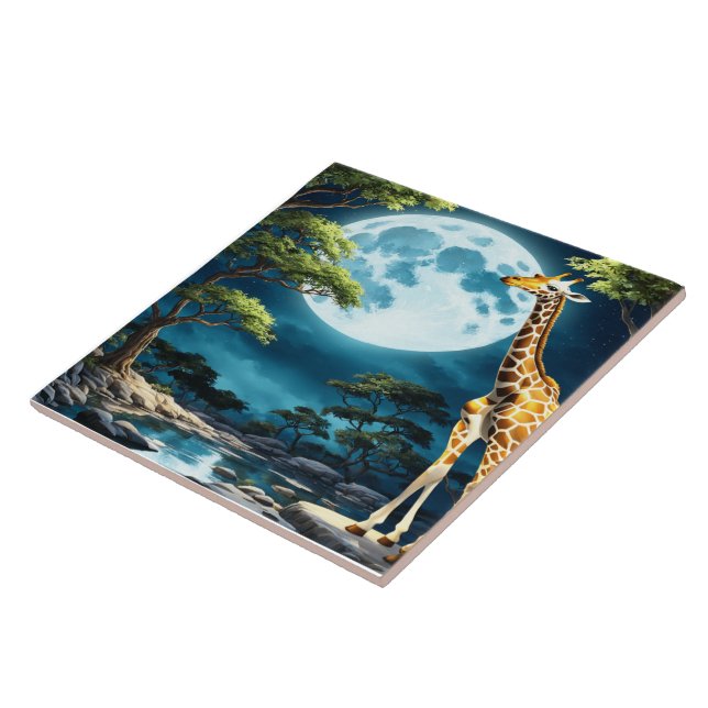 Giraffe Under Full Moonlight in Tranquil Landscape Ceramic Tile (Side)