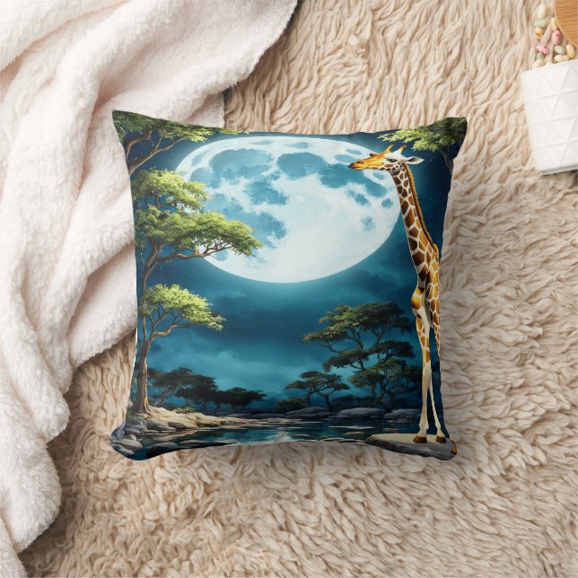 Giraffe Under Full Moonlight in Tranquil Landscape Cushion (Blanket)