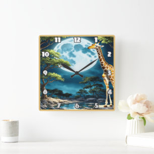 Giraffe Under Full Moonlight in Tranquil Landscape Square Wall Clock