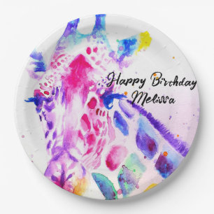 Giraffe Watercolor Girls Purple Birthday Party Paper Plate