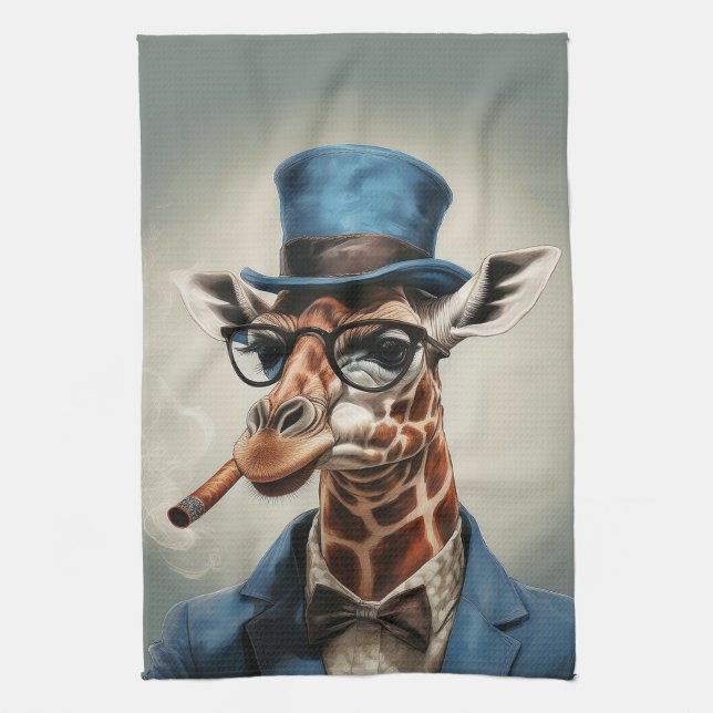 Giraffe wearing a top hat and jacket tea towel (Vertical)