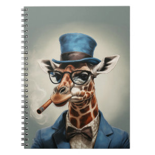 Giraffe wearing a top hat smoking a cigar notebook