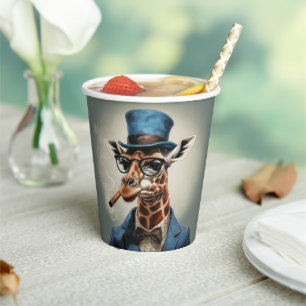 Giraffe wearing a top hat smoking a cigar paper cups