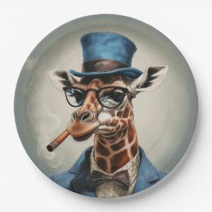 Giraffe wearing a top hat smoking a cigar paper plate
