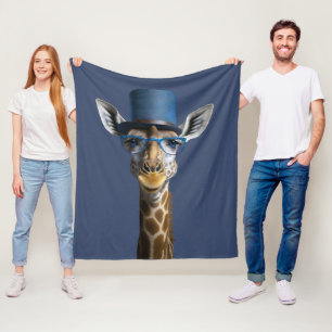 Giraffe wearing blue top hat and glasses fleece blanket