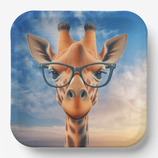 Giraffe Wearing Eyeglasses Paper Plate (Front)