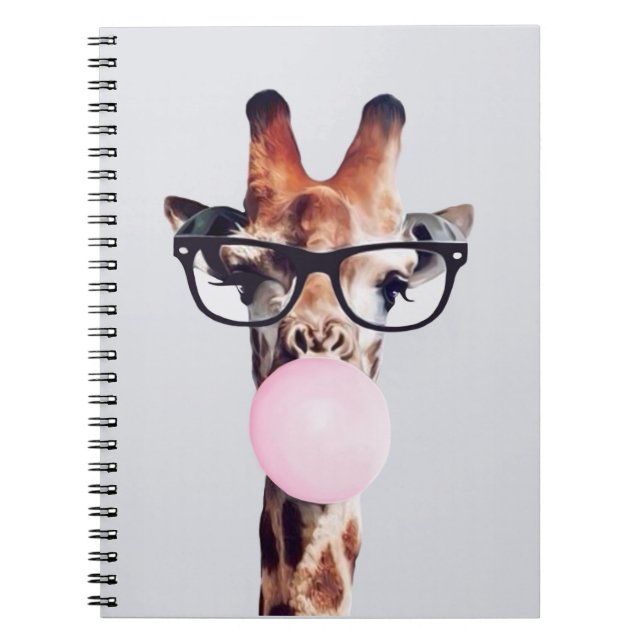 Giraffe wearing glasses blowing a pink bubble gum notebook (Front)
