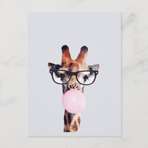 Giraffe wearing glasses blowing a pink bubble gum postcard