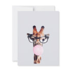 Giraffe wearing glasses blowing a pink bubble gum