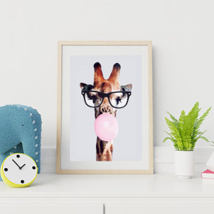 GIRAFFE WEARING GLASSES BLOWING A PINK BUBBLE GUM POSTER