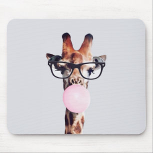 GIRAFFE WEARING GLASSES BLOWING A PINK BUBBLEGUM MOUSE PAD