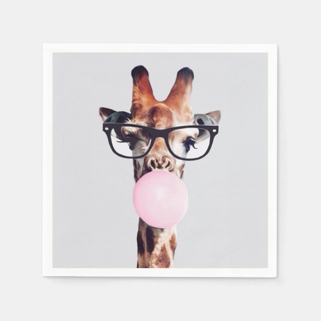 GIRAFFE WEARING GLASSES BLOWING A PINK BUBBLEGUM  NAPKIN (Front)