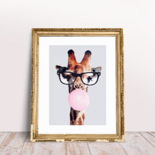 GIRAFFE WEARING GLASSES BLOWING A PINK BUBBLEGUM POSTER