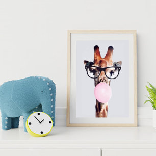 GIRAFFE WEARING GLASSES BLOWING A PINK BUBBLEGUM POSTER