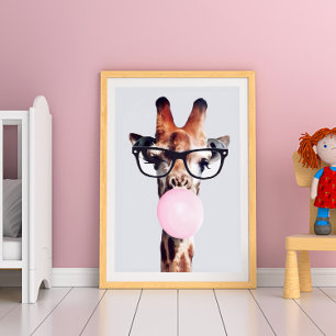 GIRAFFE WEARING GLASSES BLOWING A PINK BUBBLEGUM POSTER