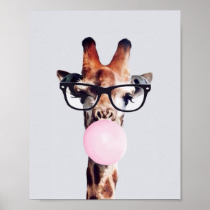GIRAFFE WEARING GLASSES BLOWING A PINK BUBBLEGUM POSTER