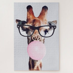 Giraffe wearing glasses blowing bubble gum jigsaw puzzle