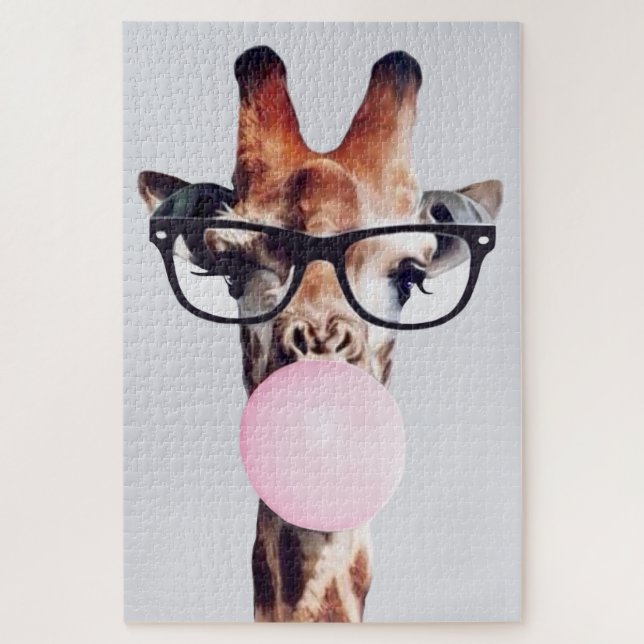 Giraffe wearing glasses blowing bubble gum jigsaw puzzle (Vertical)