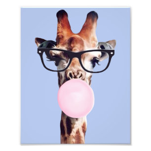 Giraffe wearing glasses blowing bubble gum photo print