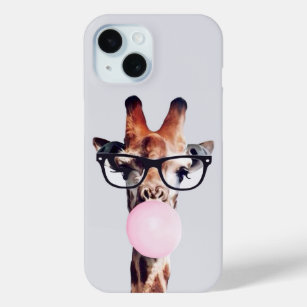 Giraffe wearing glasses blowing pink bubble gum iPhone 15 case