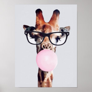 Giraffe Wearing Glasses blowing pink bubble gum Poster