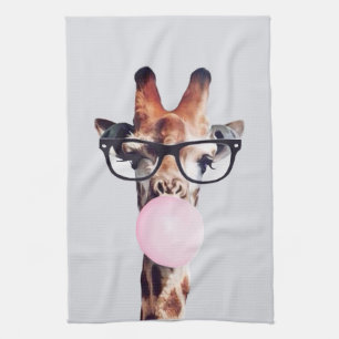 Giraffe Wearing Glasses Blowing Pink Bubble gum Tea Towel