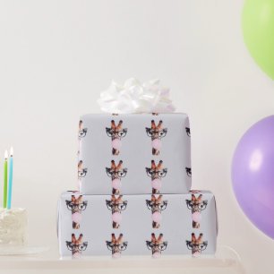 Giraffe wearing glasses blowing pink bubble gum wrapping paper