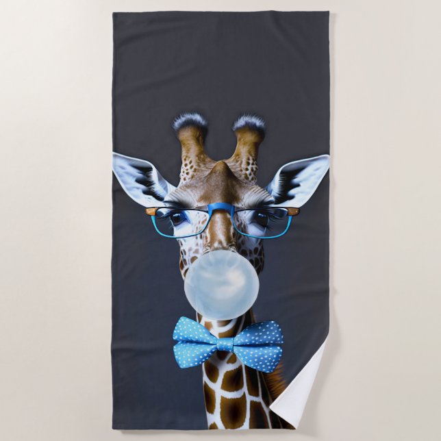 Giraffe wearing glasses, bow tie blowing blue gum beach towel (Front)