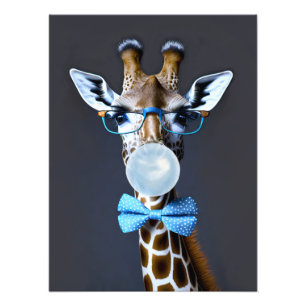 Giraffe wearing glasses, bow tie blowing blue gum photo print