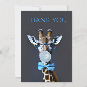 Giraffe wearing glasses, bow tie blowing blue gum thank you card