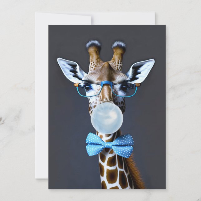 Giraffe wearing glasses, bow tie blowing blue gum thank you card (Front)