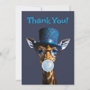 Giraffe wearing glasses, bow tie, top hat blue gum thank you card
