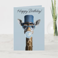 Giraffe wearing glasses, top hat and blue gum