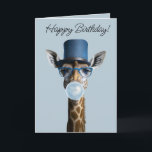 Giraffe wearing glasses, top hat and blue gum card<br><div class="desc">Giraffe wearing glasses,  a blue top hat and a blowing blue bubble gum</div>