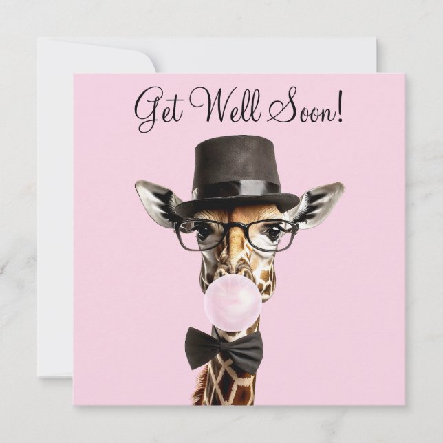 Giraffe wearing glasses, top hat, gum Get Well (Front)