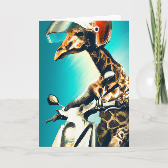 Giraffe Wearing Helmet on Motorcycle Modern AI Art Card (Front)