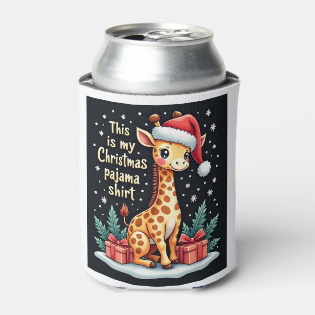 Giraffe Wearing Santa Hat Matching Christmas Pajam Can Cooler (Can Front)