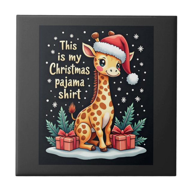 Giraffe Wearing Santa Hat Matching Christmas Pajam Ceramic Tile (Front)