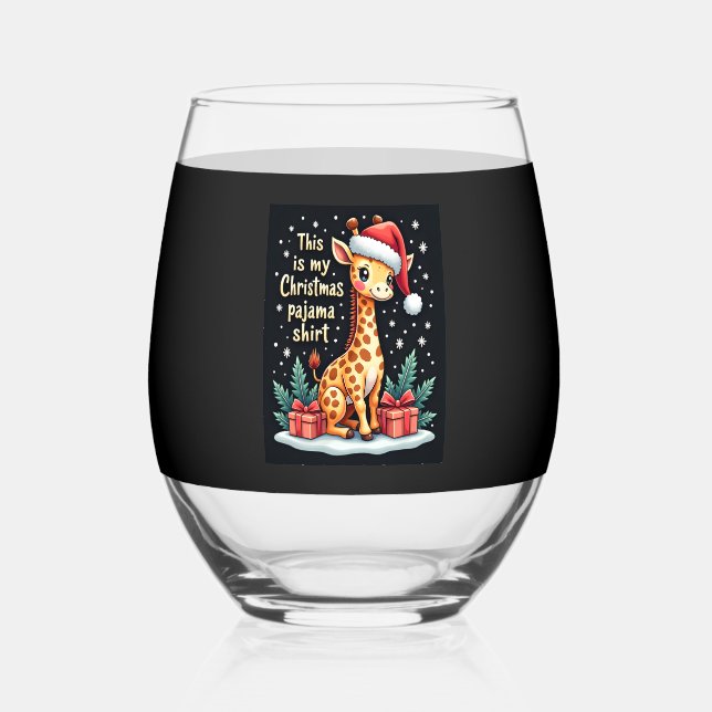 Giraffe Wearing Santa Hat Matching Christmas Pajam Stemless Wine Glass (Front)