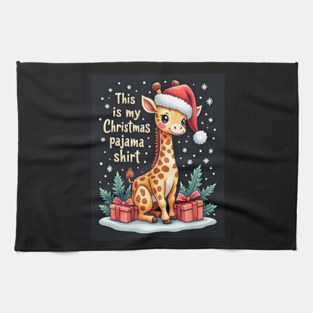 Giraffe Wearing Santa Hat Matching Christmas Pajam Tea Towel (Horizontal)
