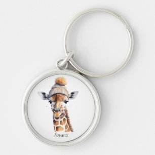 Giraffe wearing winter hat customisable key ring