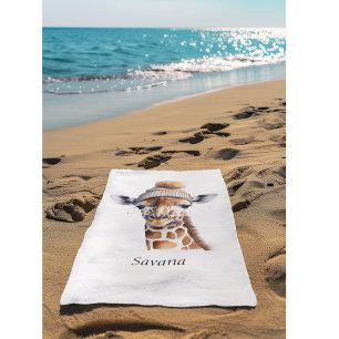 Giraffe wearing winter hat customisable Poster Beach Towel