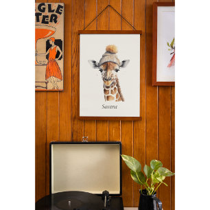 Giraffe wearing winter hat customisable Poster Hanging Tapestry