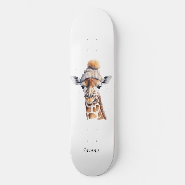 Giraffe wearing winter hat customisable Poster Skateboard (Front)