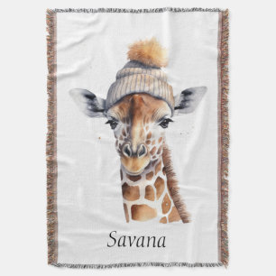 Giraffe wearing winter hat customisable  throw blanket