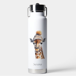 Giraffe wearing winter hat customisable  water bottle